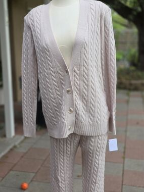 Olivaceous Light Pink Cable Knit Cardigan and Pants Set